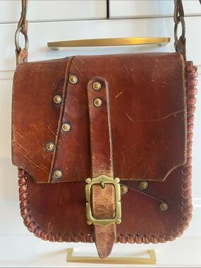 Tooled Leather Brown Vtg Messenger Bag Handmade Shoulder Bag w Adjustable strap
